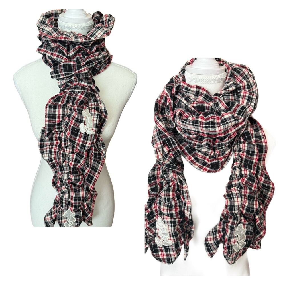 Disney Parks Plaid Ruched Cotton Scarf Mickey Mouse Embroidered Soft XL 75x9 EUC